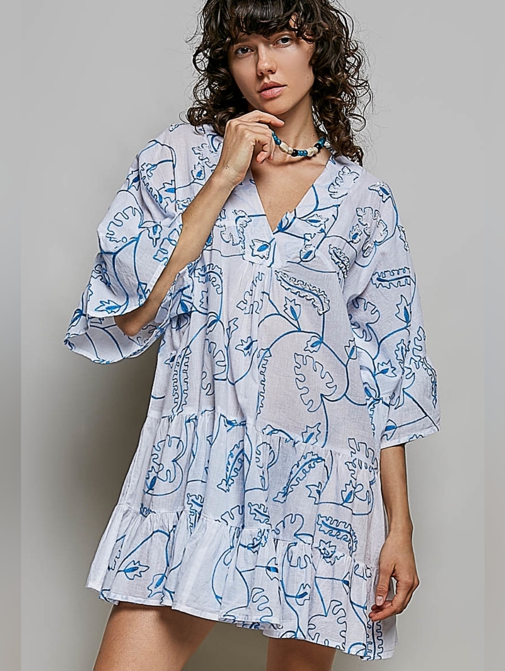 2-0527 POL Cotton Beachy Mini Dress- White And Mediterranean Blue Embroidery